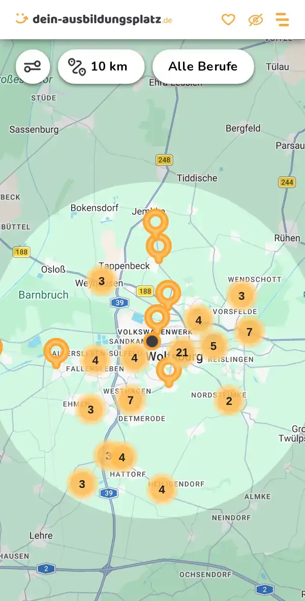 Karte von dein-ausbildungsplatz.de: Ausbildungsbetriebe im Umkreis von 10 km um 38440 Wolfsburg