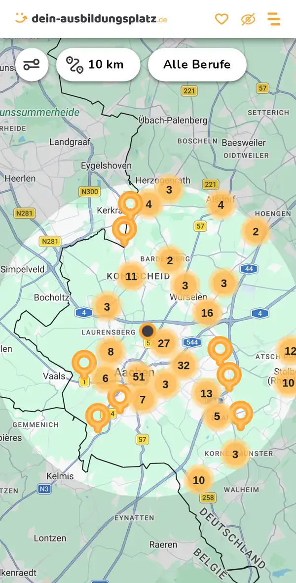 Karte von dein-ausbildungsplatz.de: Ausbildungsbetriebe im Umkreis von 10 km um 52070 Aachen
