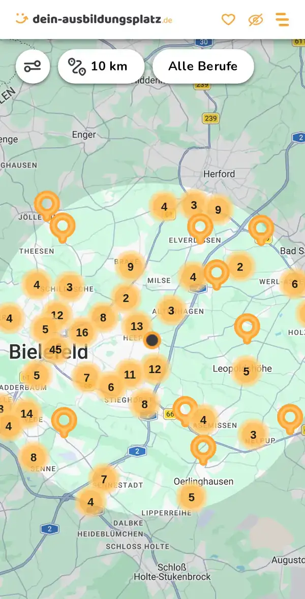 Karte von dein-ausbildungsplatz.de: Ausbildungsbetriebe im Umkreis von 10 km um 33719 Bielefeld