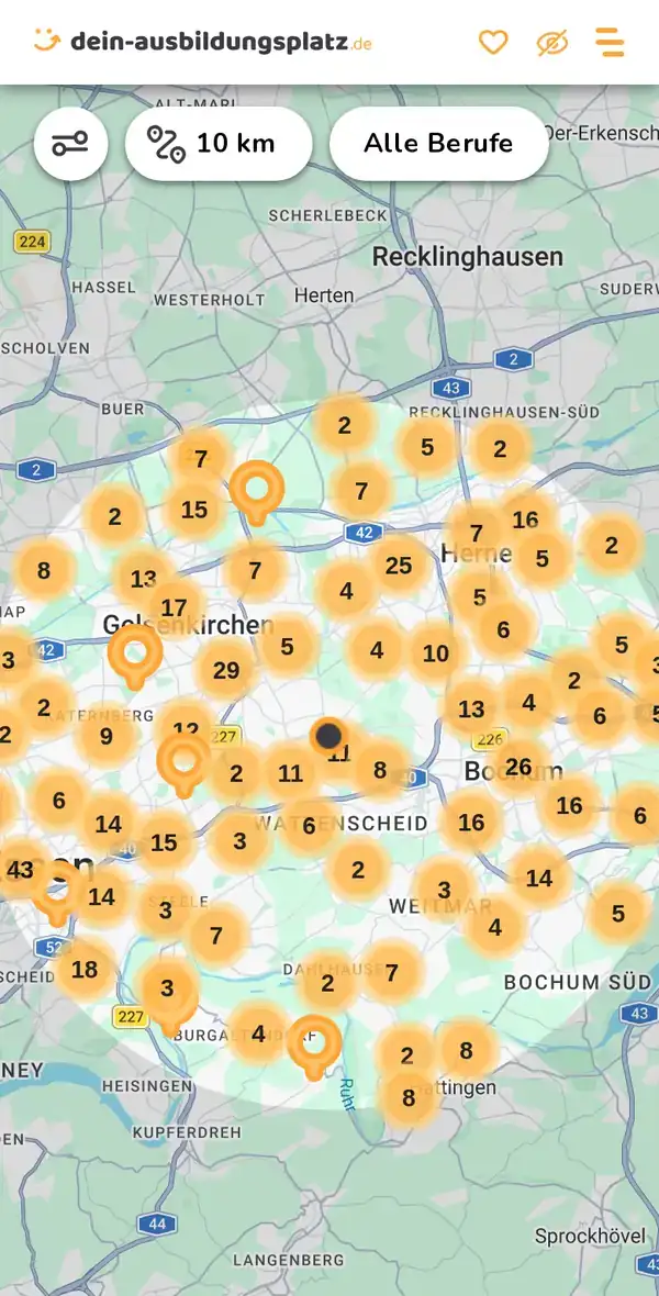 Karte von dein-ausbildungsplatz.de: Ausbildungsbetriebe im Umkreis von 10 km um 44866 Bochum