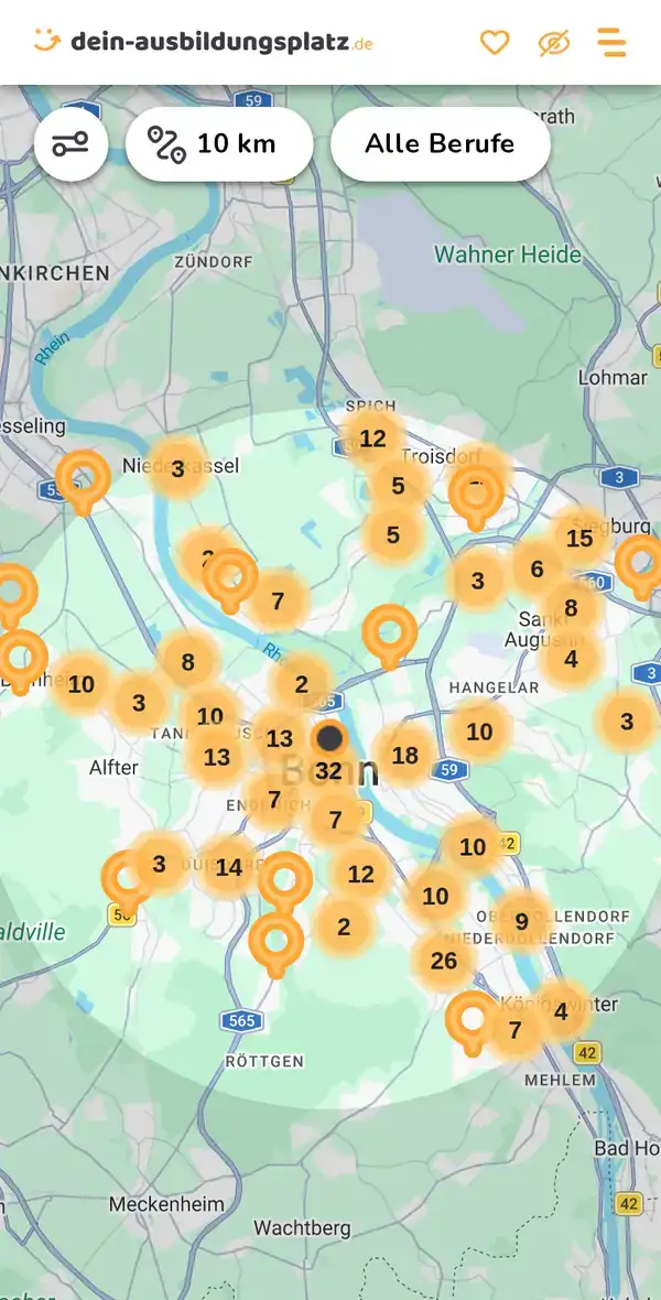 Karte von dein-ausbildungsplatz.de: Ausbildungsbetriebe im Umkreis von 10 km um 53111 Bonn