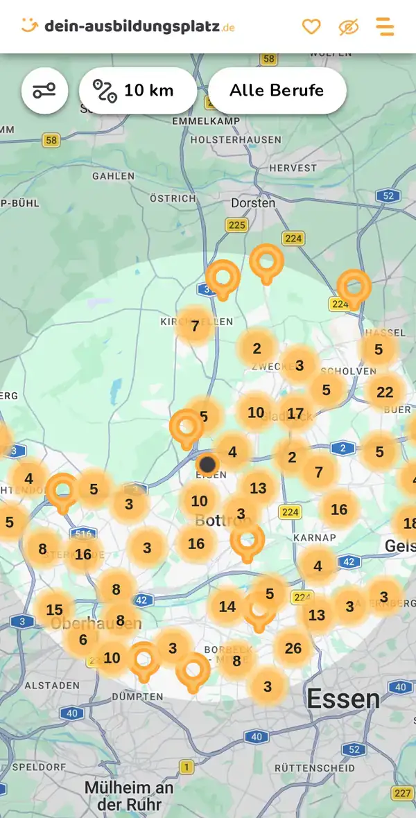 Karte von dein-ausbildungsplatz.de: Ausbildungsbetriebe im Umkreis von 10 km um 46240 Bottrop