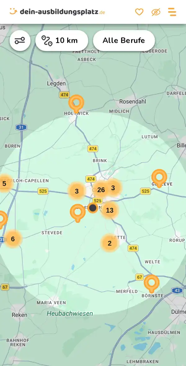 Karte von dein-ausbildungsplatz.de: Ausbildungsbetriebe im Umkreis von 10 km um 48653 Coesfeld