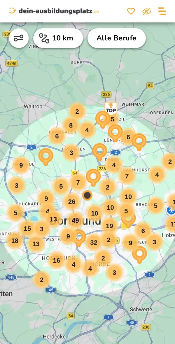 Karte von dein-ausbildungsplatz.de: Ausbildungsbetriebe im Umkreis von 10 km um 44145 Dortmund