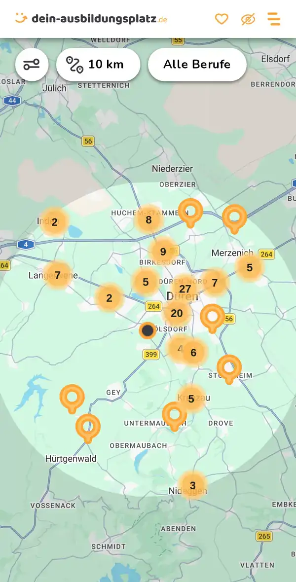 Karte von dein-ausbildungsplatz.de: Ausbildungsbetriebe im Umkreis von 10 km um 52355 Düren