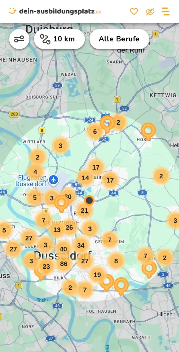 Karte von dein-ausbildungsplatz.de: Ausbildungsbetriebe im Umkreis von 10 km um 40472 Düsseldorf