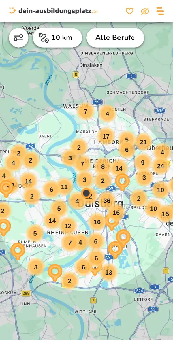 Karte von dein-ausbildungsplatz.de: Ausbildungsbetriebe im Umkreis von 10 km um 47059 Duisburg