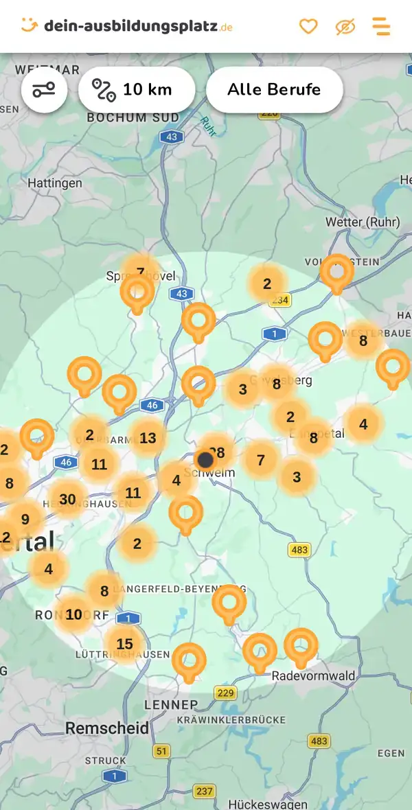 Karte von dein-ausbildungsplatz.de: Ausbildungsbetriebe im Umkreis von 10 km um 58332 Schwelm