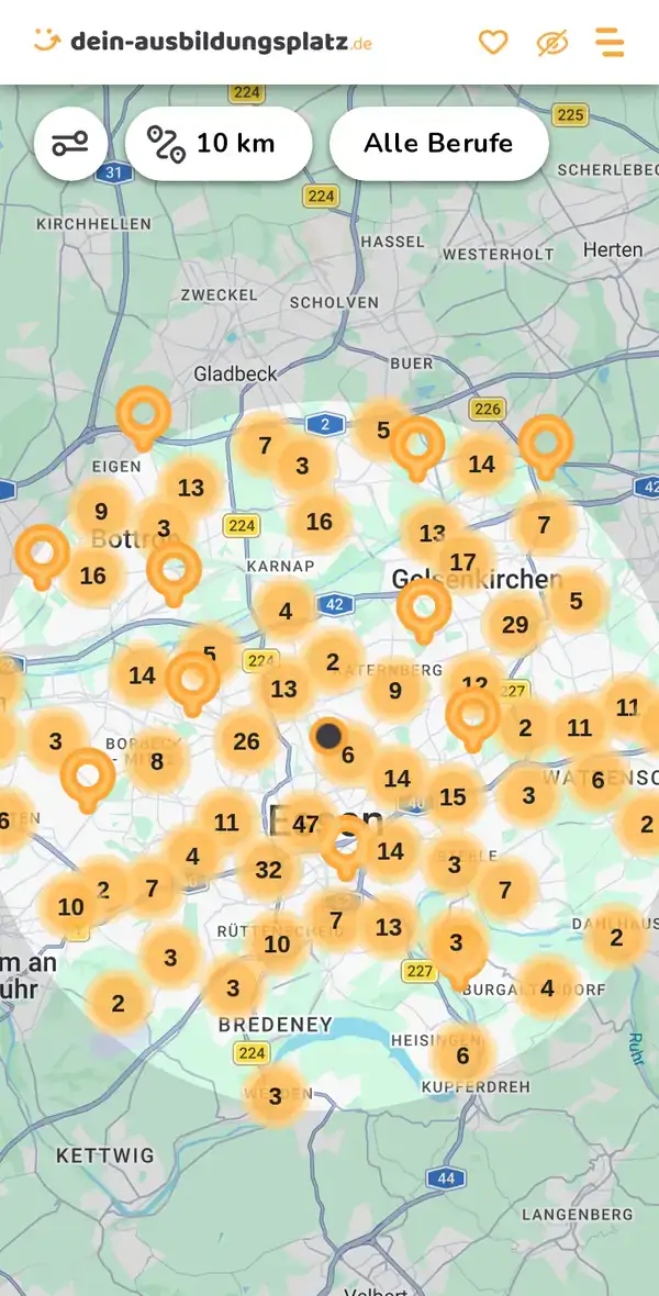 Karte von dein-ausbildungsplatz.de: Ausbildungsbetriebe im Umkreis von 10 km um 45141 Essen