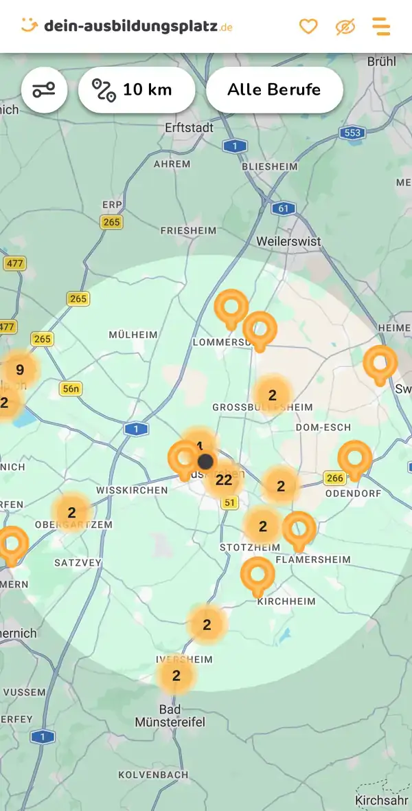 Karte von dein-ausbildungsplatz.de: Ausbildungsbetriebe im Umkreis von 10 km um 53879 Euskirchen
