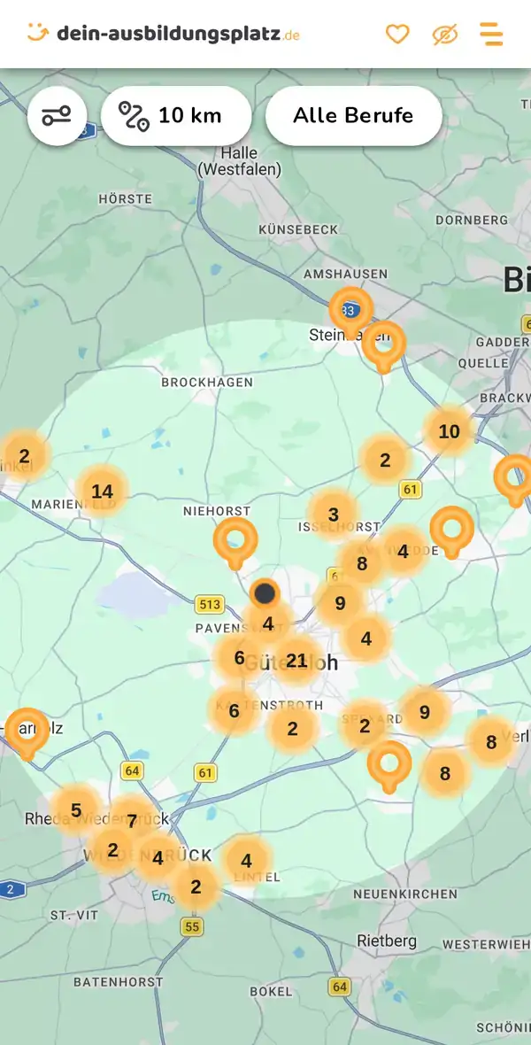 Karte von dein-ausbildungsplatz.de: Ausbildungsbetriebe im Umkreis von 10 km um 33334 Gütersloh