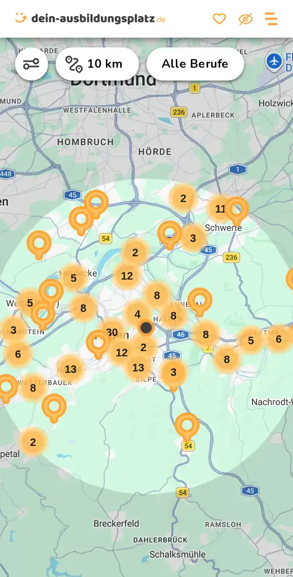 Karte von dein-ausbildungsplatz.de: Ausbildungsbetriebe im Umkreis von 10 km um 58093 Hagen