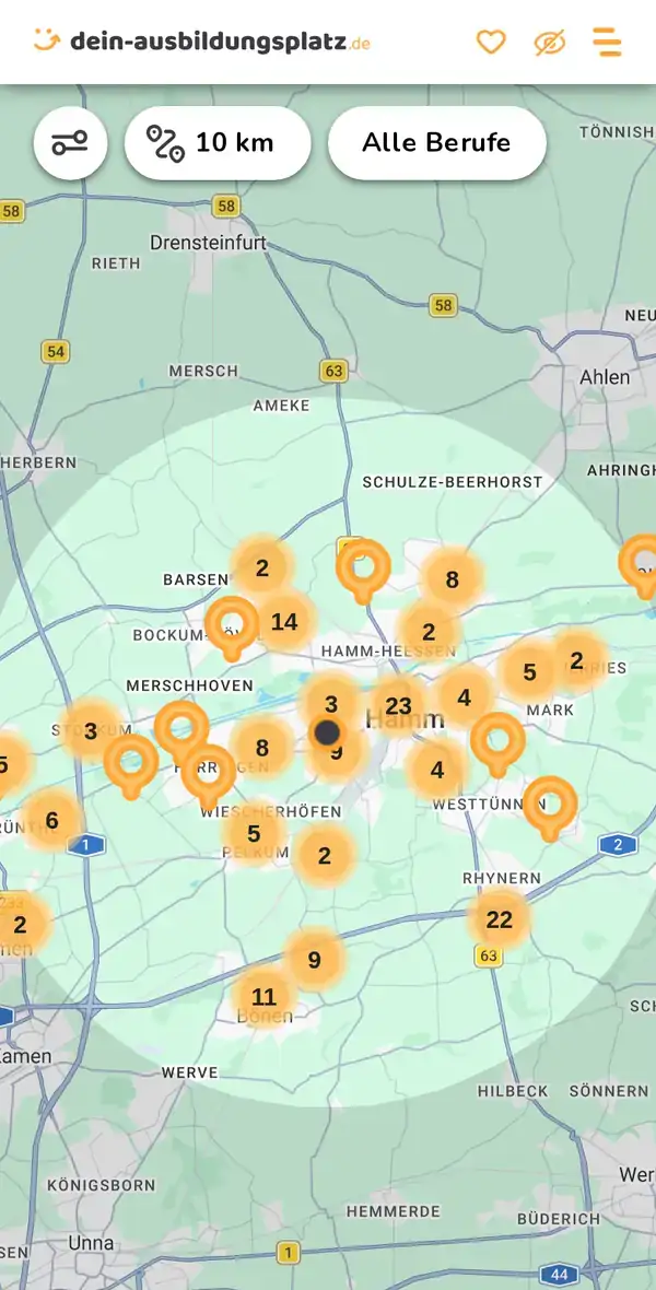 Karte von dein-ausbildungsplatz.de: Ausbildungsbetriebe im Umkreis von 10 km um 59067 Hamm