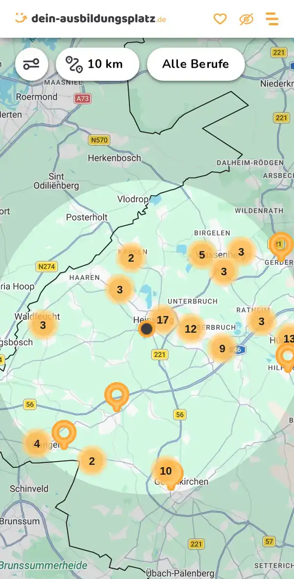 Karte von dein-ausbildungsplatz.de: Ausbildungsbetriebe im Umkreis von 10 km um 52525 Heinsberg