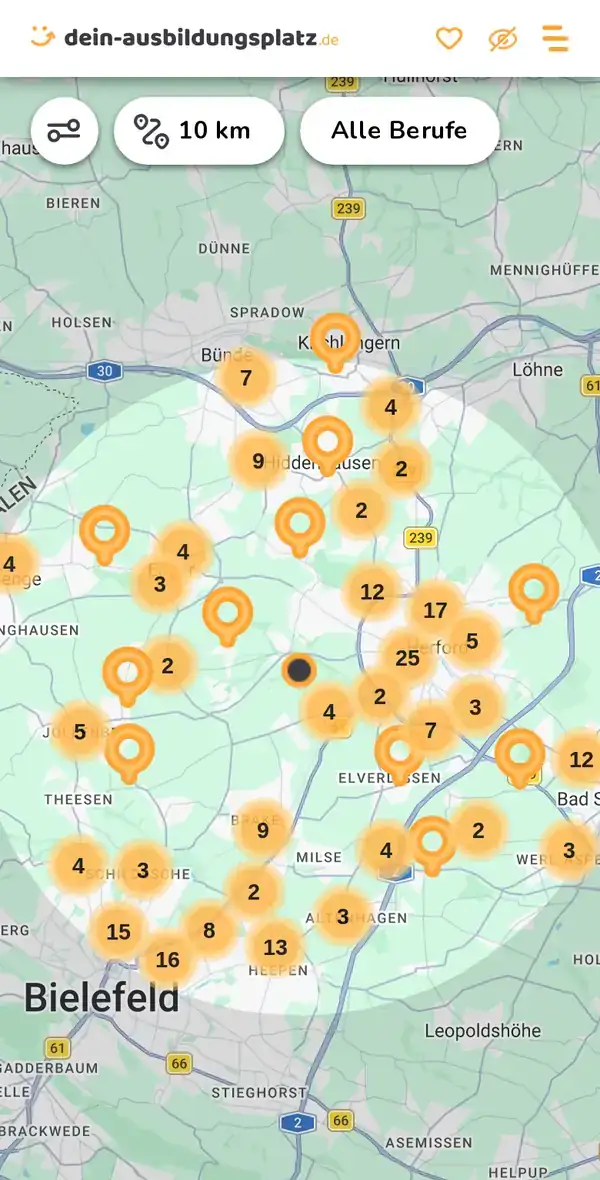 Karte von dein-ausbildungsplatz.de: Ausbildungsbetriebe im Umkreis von 10 km um 32051 Herford