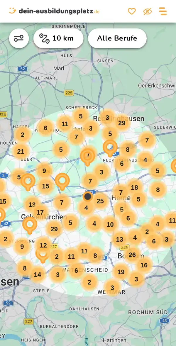 Karte von dein-ausbildungsplatz.de: Ausbildungsbetriebe im Umkreis von 10 km um 44649 Herne