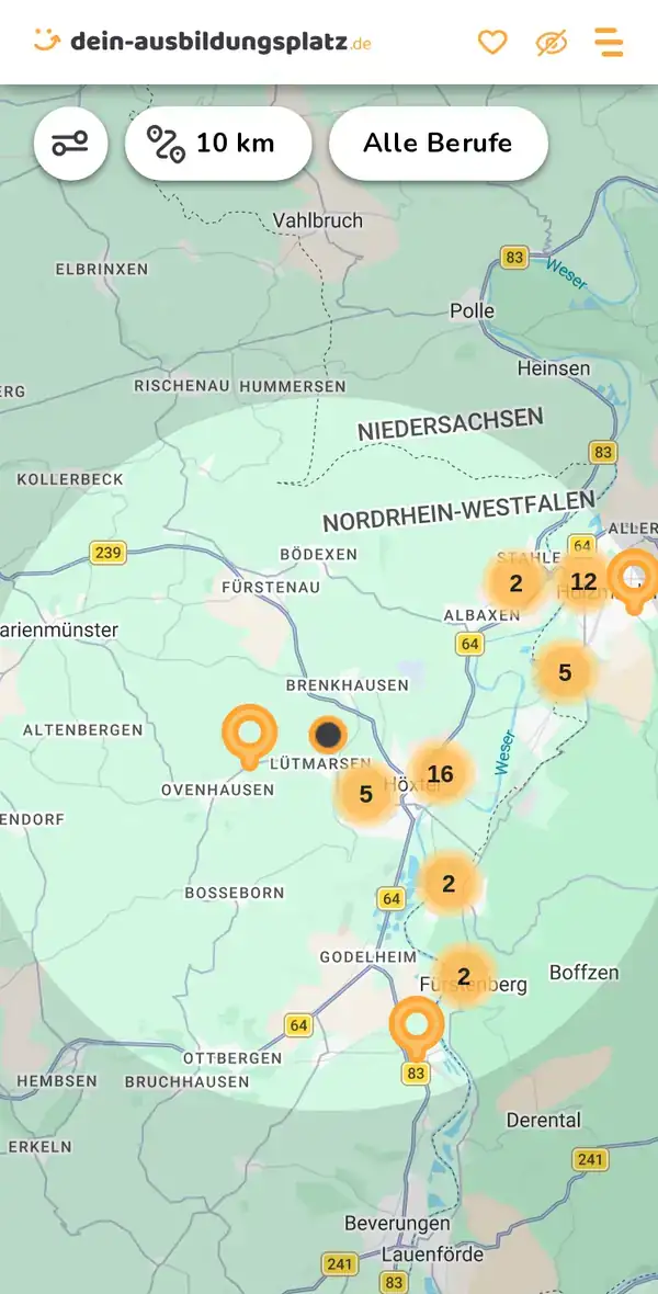 Karte von dein-ausbildungsplatz.de: Ausbildungsbetriebe im Umkreis von 10 km um 37671 Höxter