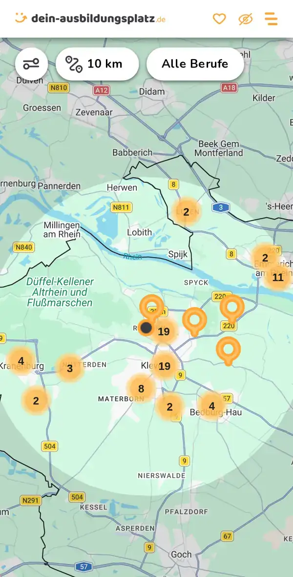 Karte von dein-ausbildungsplatz.de: Ausbildungsbetriebe im Umkreis von 10 km um 47533 Kleve