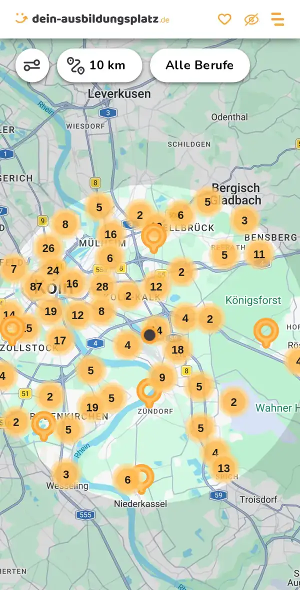 Karte von dein-ausbildungsplatz.de: Ausbildungsbetriebe im Umkreis von 10 km um 51149 Köln