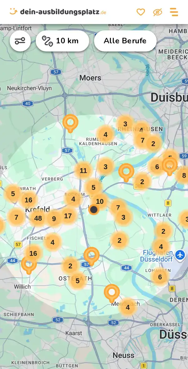 Karte von dein-ausbildungsplatz.de: Ausbildungsbetriebe im Umkreis von 10 km um 47809 Krefeld