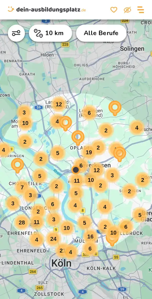 Karte von dein-ausbildungsplatz.de: Ausbildungsbetriebe im Umkreis von 10 km um 51373 Köln