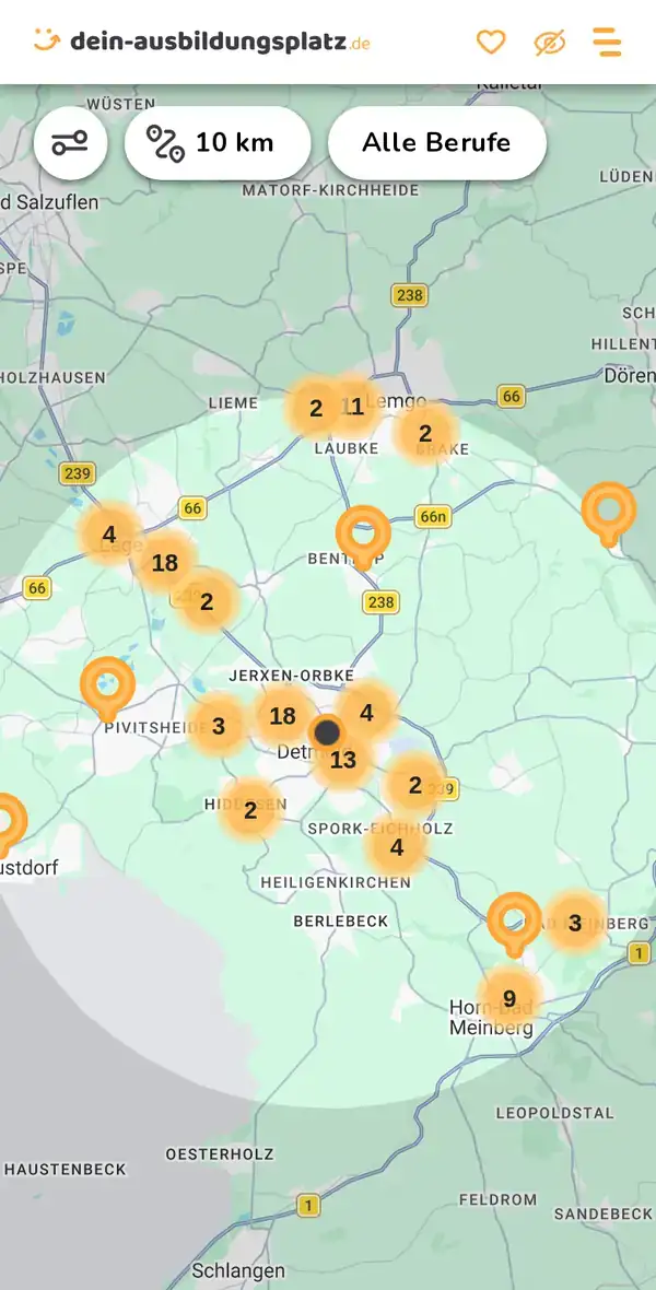 Karte von dein-ausbildungsplatz.de: Ausbildungsbetriebe im Umkreis von 10 km um 32756 Detmold