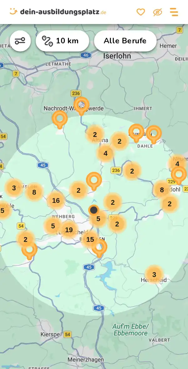 Karte von dein-ausbildungsplatz.de: Ausbildungsbetriebe im Umkreis von 10 km um 58513 Lüdenscheid