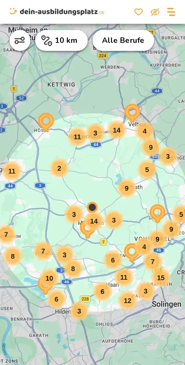Karte von dein-ausbildungsplatz.de: Ausbildungsbetriebe im Umkreis von 10 km um 40822 Mettmann