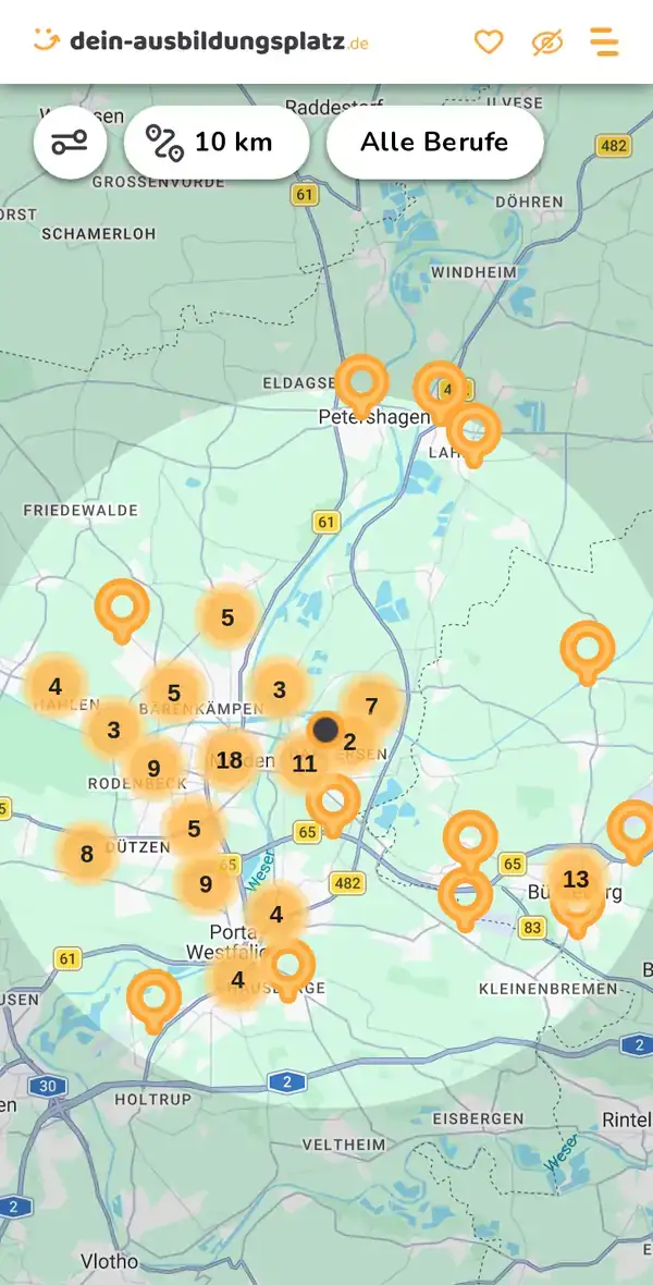 Karte von dein-ausbildungsplatz.de: Ausbildungsbetriebe im Umkreis von 10 km um 32423 Minden