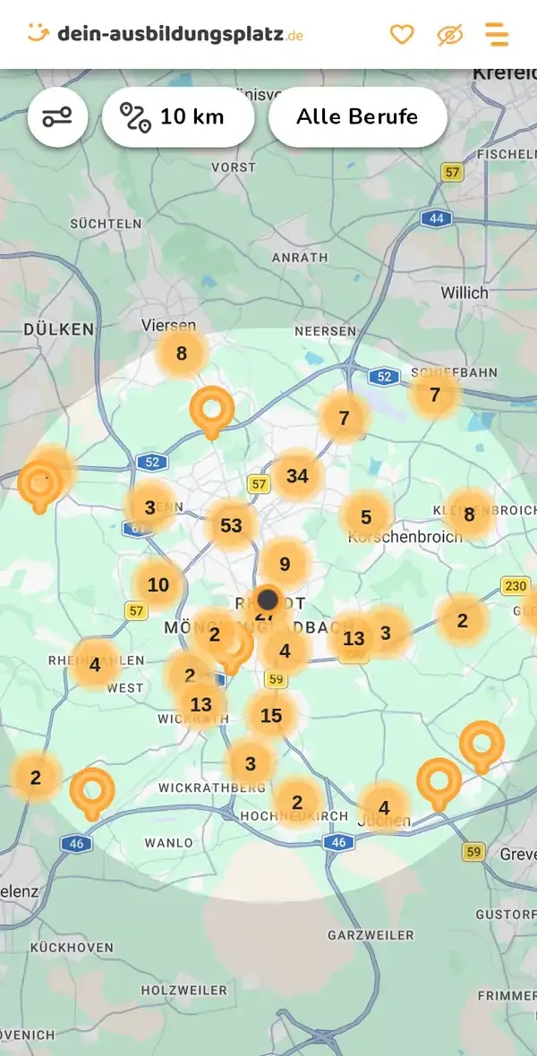 Karte von dein-ausbildungsplatz.de: Ausbildungsbetriebe im Umkreis von 10 km um 41236 Mönchengladbach