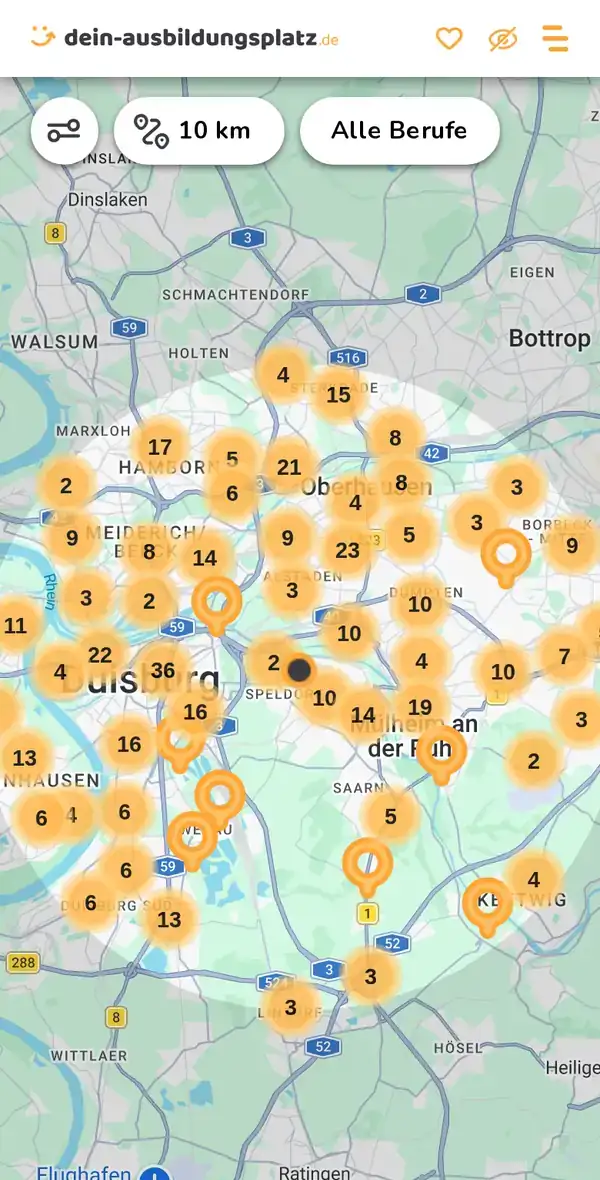 Karte von dein-ausbildungsplatz.de: Ausbildungsbetriebe im Umkreis von 10 km um 45478 Mülheim an der Ruhr