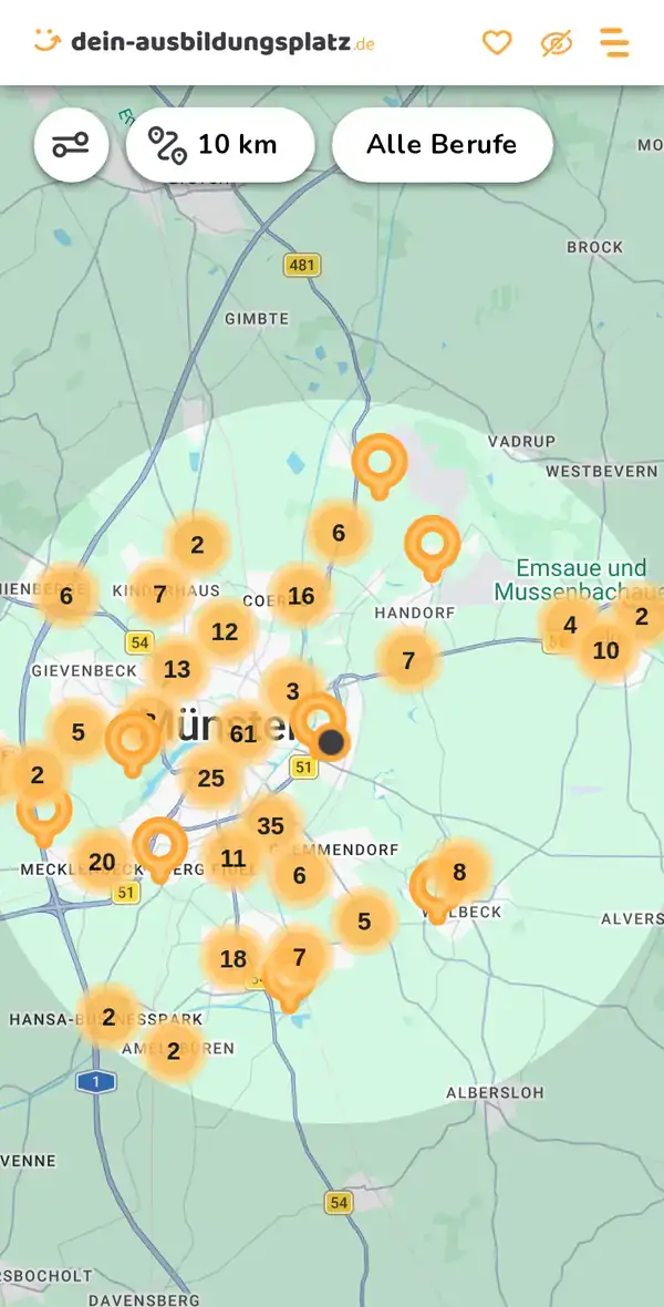 Karte von dein-ausbildungsplatz.de: Ausbildungsbetriebe im Umkreis von 10 km um 48155 Münster