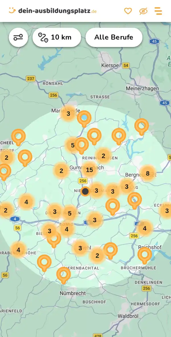Karte von dein-ausbildungsplatz.de: Ausbildungsbetriebe im Umkreis von 10 km um 51645 Gummersbach