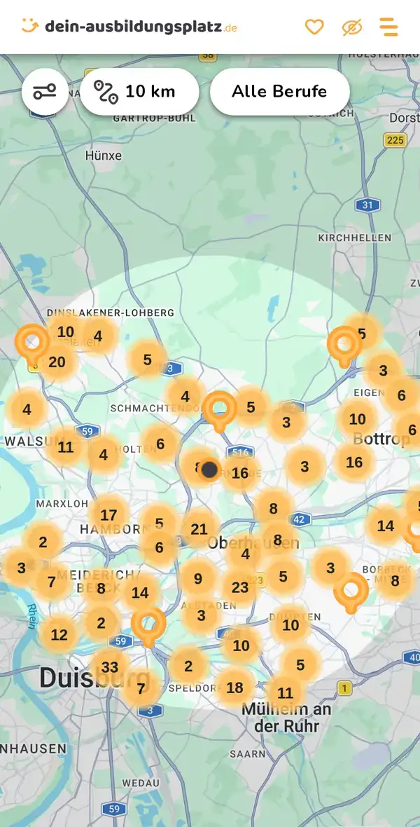 Karte von dein-ausbildungsplatz.de: Ausbildungsbetriebe im Umkreis von 10 km um 46149 Oberhausen