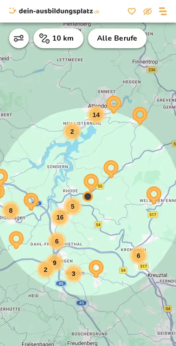 Karte von dein-ausbildungsplatz.de: Ausbildungsbetriebe im Umkreis von 10 km um 57462 Olpe