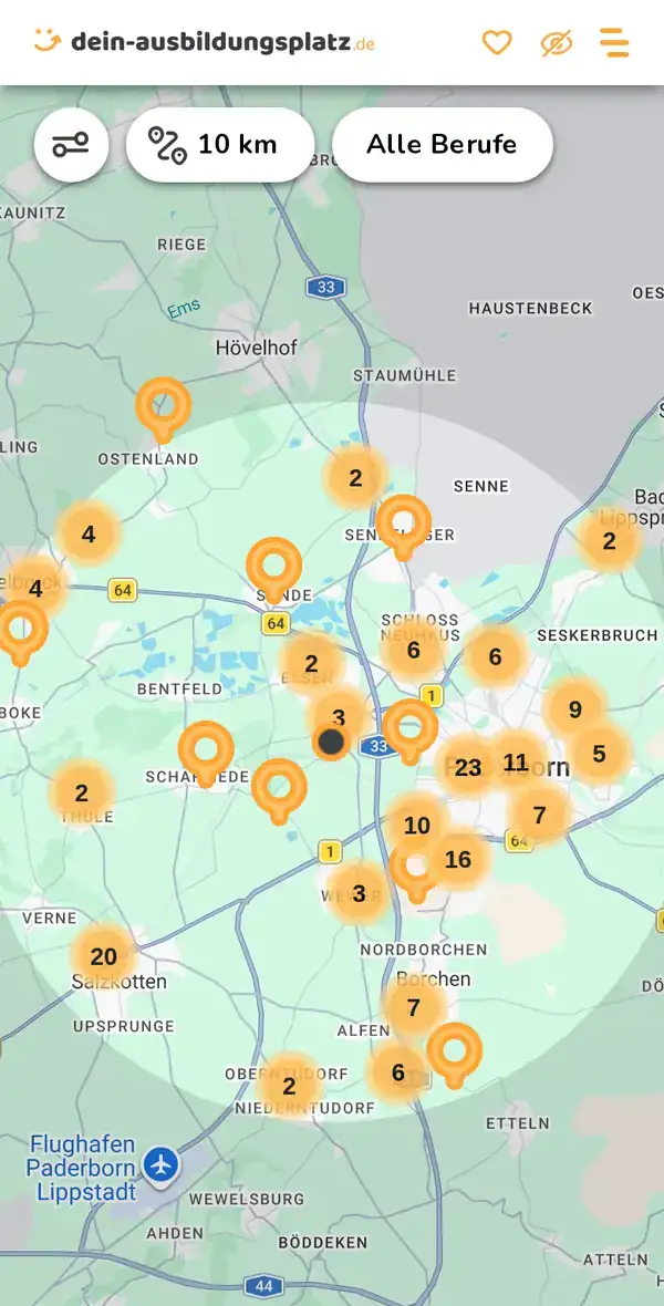 Karte von dein-ausbildungsplatz.de: Ausbildungsbetriebe im Umkreis von 10 km um 33106 Paderborn
