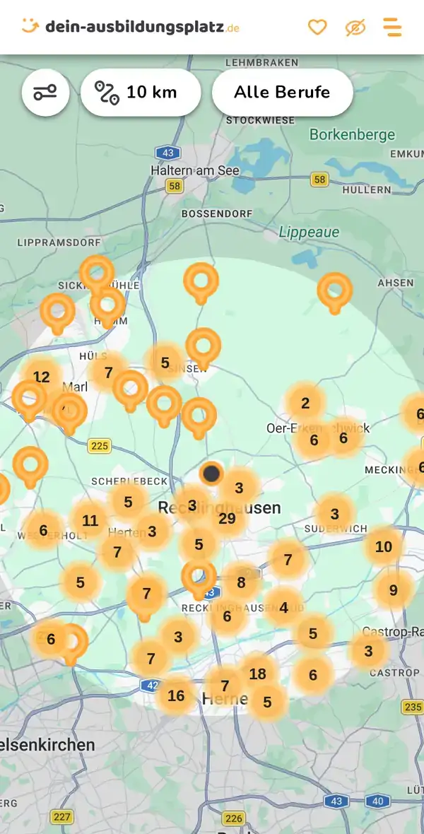 Karte von dein-ausbildungsplatz.de: Ausbildungsbetriebe im Umkreis von 10 km um 45657 Recklinghausen
