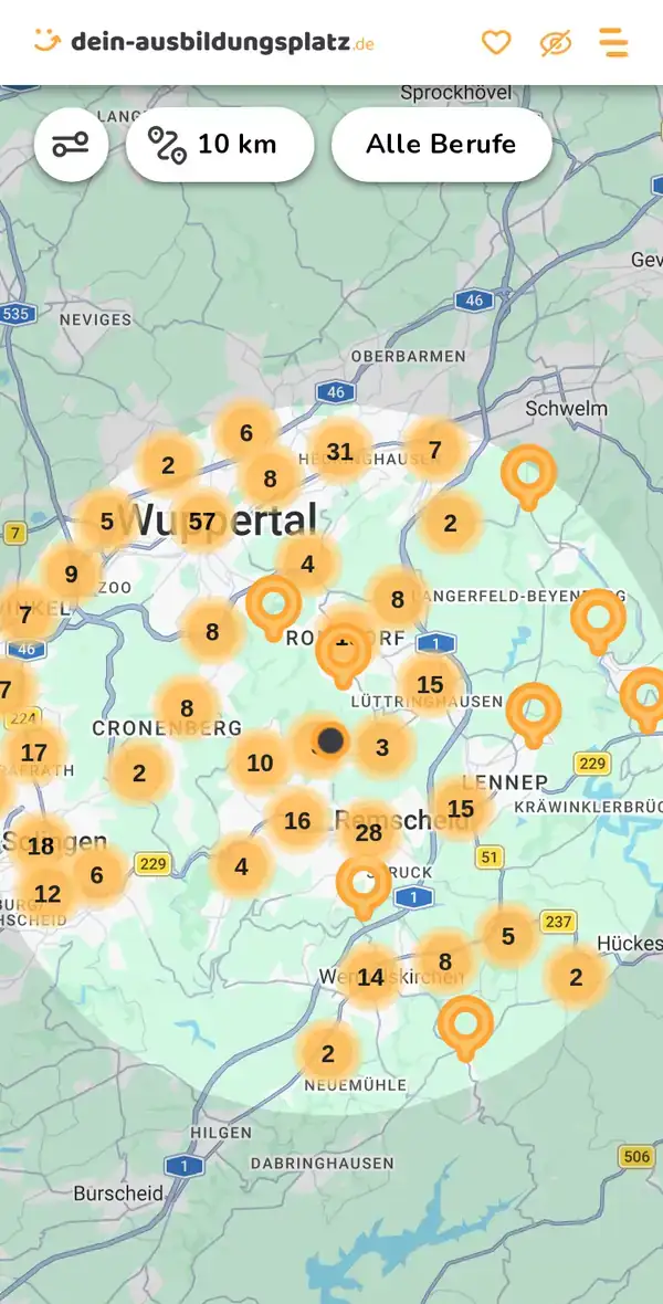 Karte von dein-ausbildungsplatz.de: Ausbildungsbetriebe im Umkreis von 10 km um 42855 Remscheid