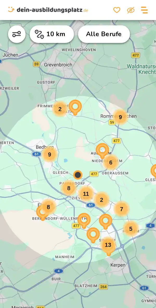 Karte von dein-ausbildungsplatz.de: Ausbildungsbetriebe im Umkreis von 10 km um 50126 Bergheim