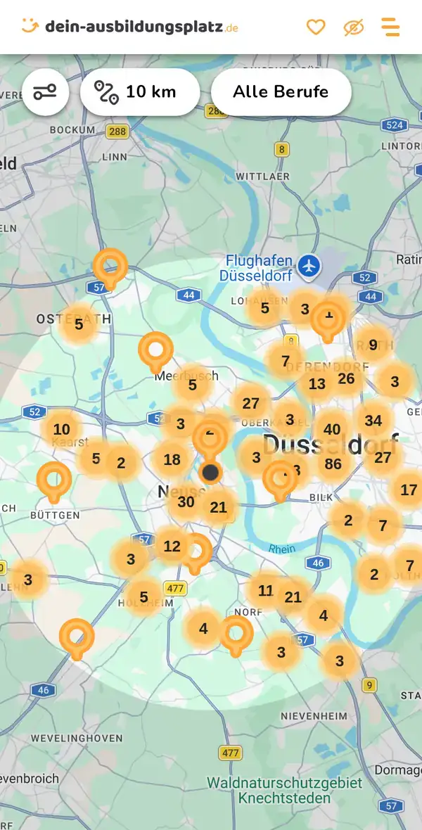 Karte von dein-ausbildungsplatz.de: Ausbildungsbetriebe im Umkreis von 10 km um 41460 Neuss