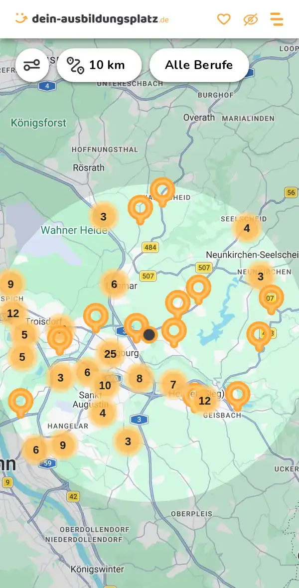 Karte von dein-ausbildungsplatz.de: Ausbildungsbetriebe im Umkreis von 10 km um 53721 Siegburg