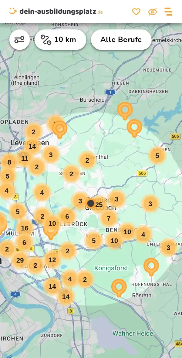 Karte von dein-ausbildungsplatz.de: Ausbildungsbetriebe im Umkreis von 10 km um 51469 Bergisch Gladbach