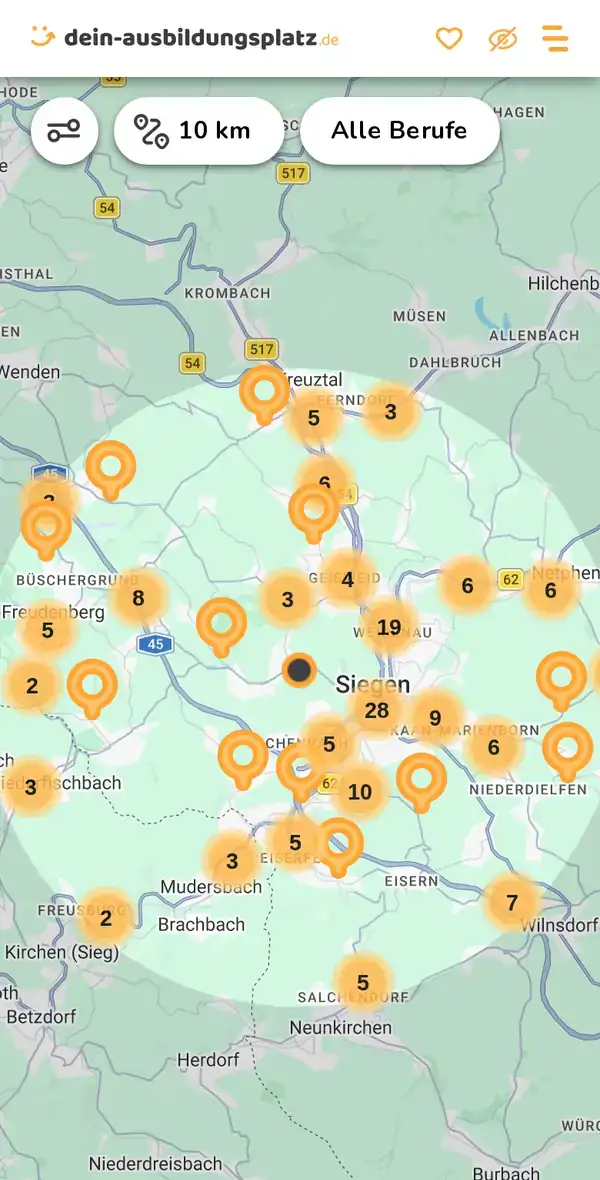 Karte von dein-ausbildungsplatz.de: Ausbildungsbetriebe im Umkreis von 10 km um 57072 Siegen