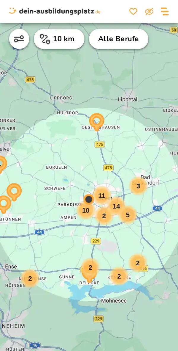 Karte von dein-ausbildungsplatz.de: Ausbildungsbetriebe im Umkreis von 10 km um 59494 Soest
