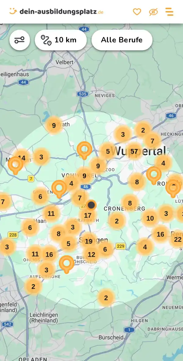 Karte von dein-ausbildungsplatz.de: Ausbildungsbetriebe im Umkreis von 10 km um 42653 Solingen