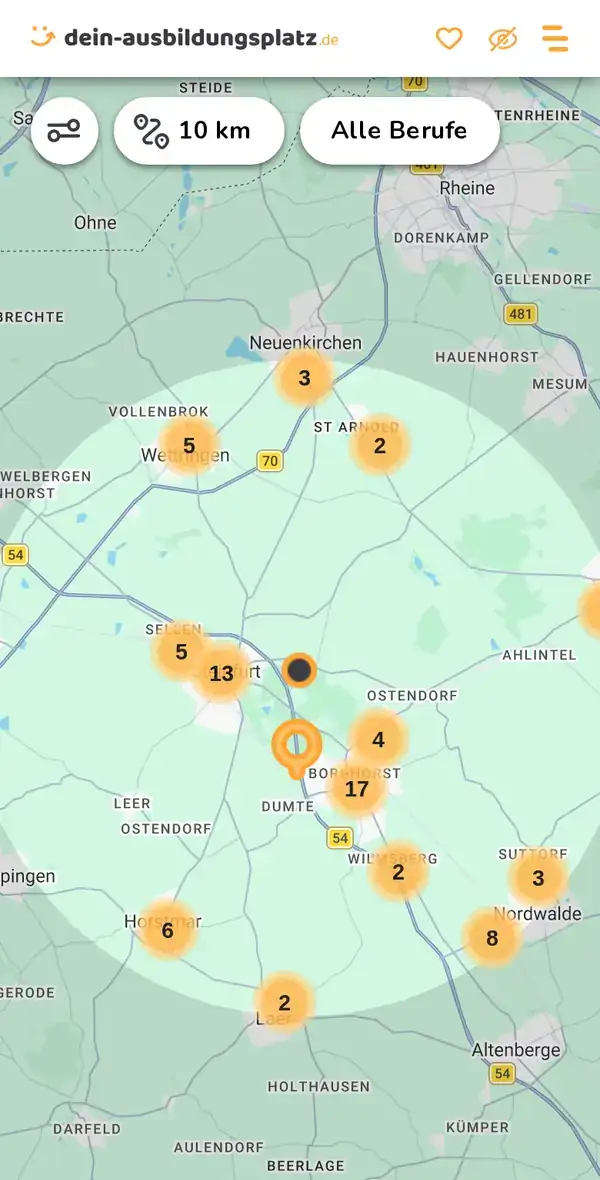 Karte von dein-ausbildungsplatz.de: Ausbildungsbetriebe im Umkreis von 10 km um 48565 Steinfurt