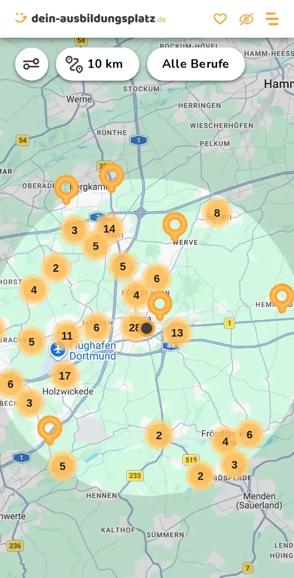 Karte von dein-ausbildungsplatz.de: Ausbildungsbetriebe im Umkreis von 10 km um 59423 Unna