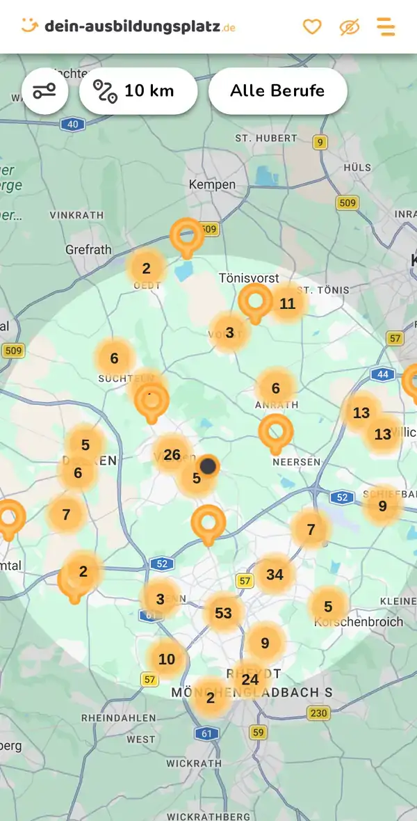 Karte von dein-ausbildungsplatz.de: Ausbildungsbetriebe im Umkreis von 10 km um 41747 Viersen