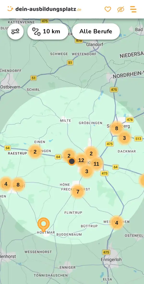 Karte von dein-ausbildungsplatz.de: Ausbildungsbetriebe im Umkreis von 10 km um 48231 Warendorf