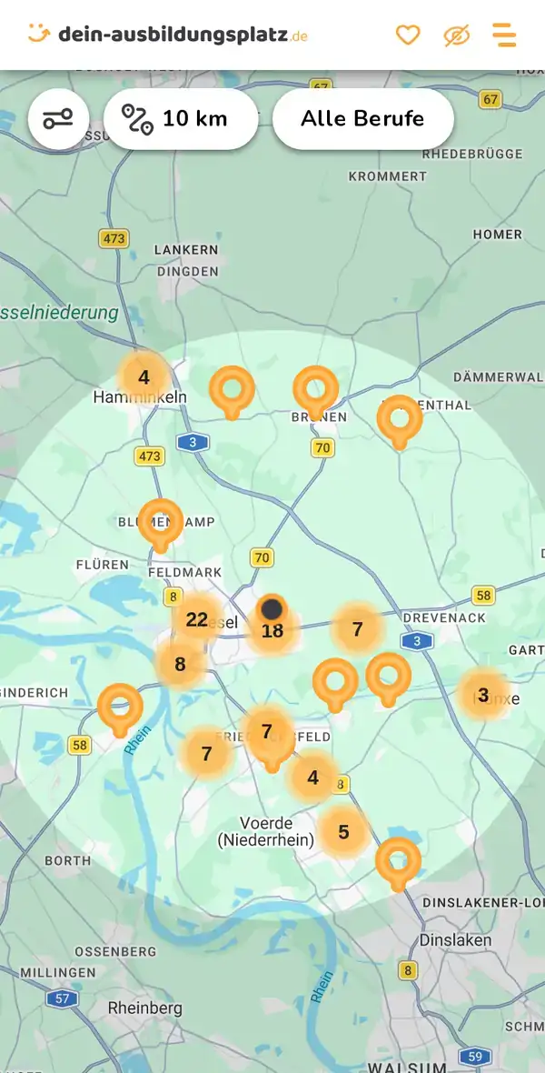 Karte von dein-ausbildungsplatz.de: Ausbildungsbetriebe im Umkreis von 10 km um 46485 Wesel